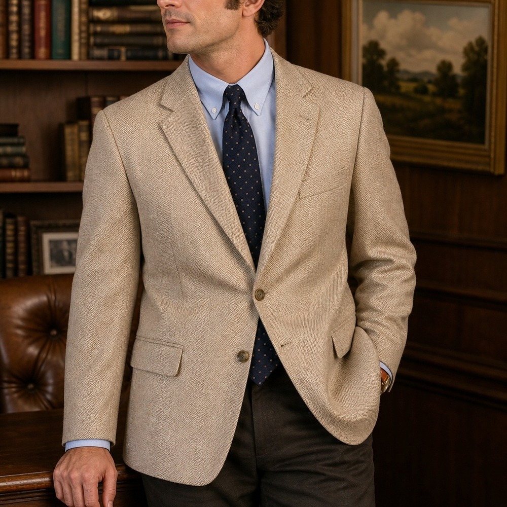 Jos A Bank Signature Blazer Silk Camelhair Tan Herringbone Men's 42R Sport Coat